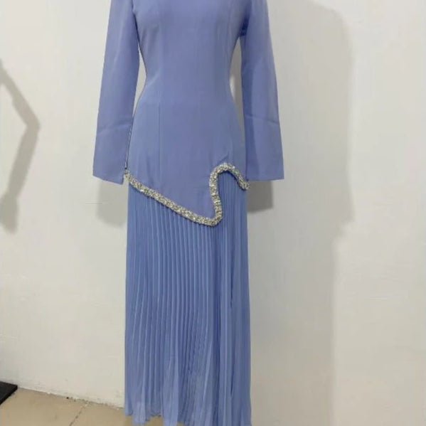 Elegant Pleated Abaya Dress with Diamond Embellished Collar & Waist | Modest Muslim Maxi Dress with Back Strap Detail(MA294)