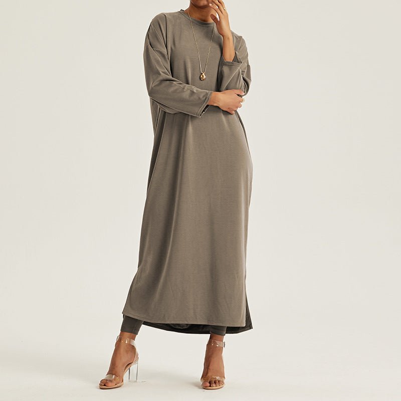 Round Neck Drop Shoulder Maxi Dress - Solid Color Modest Abaya with Side Slits (MA309)