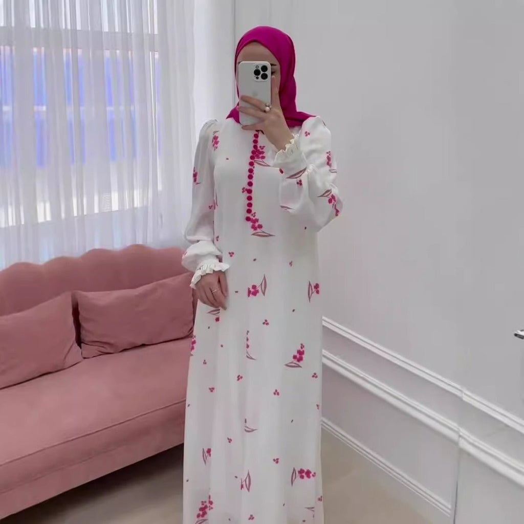 Elegant Ruffle Sleeve Romantic Pink Floral Maxi Dress Modest Gown Abaya (MA227)