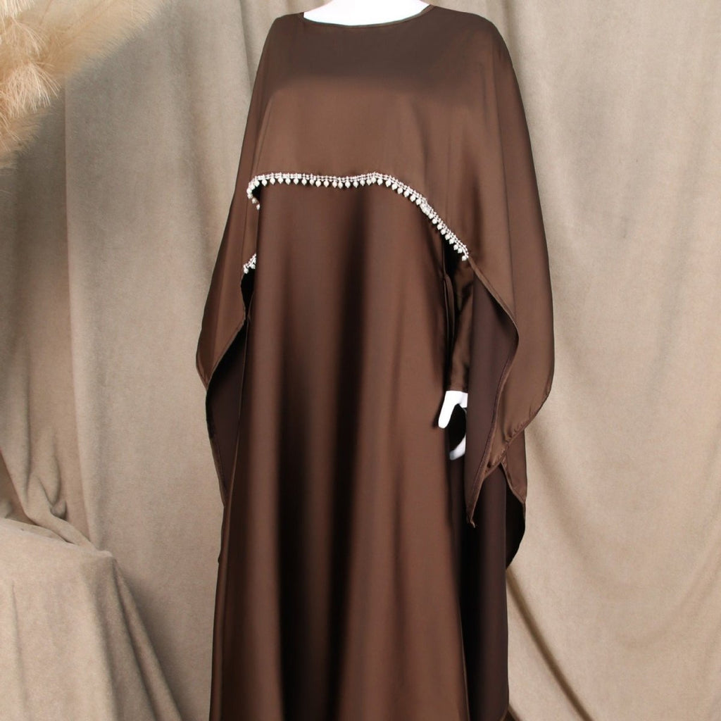 Elegant Satin Abaya with Rhinestone Cape | Luxurious Modest Evening Dress (MA327)