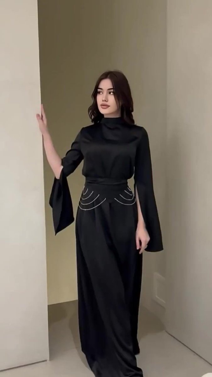 Elegant Semi-Turtleneck Long Sleeve Spring Court-Style Satin Dress Abaya(MA194)