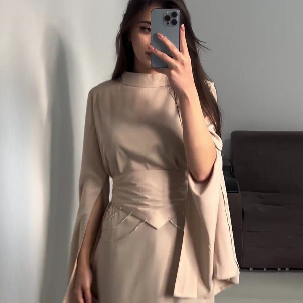 Elegant Semi-Turtleneck Long Sleeve Spring Court-Style Satin Dress Abaya(MA194)