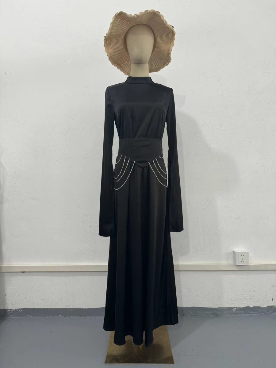 Elegant Semi-Turtleneck Long Sleeve Spring Court-Style Satin Dress Abaya(MA194)