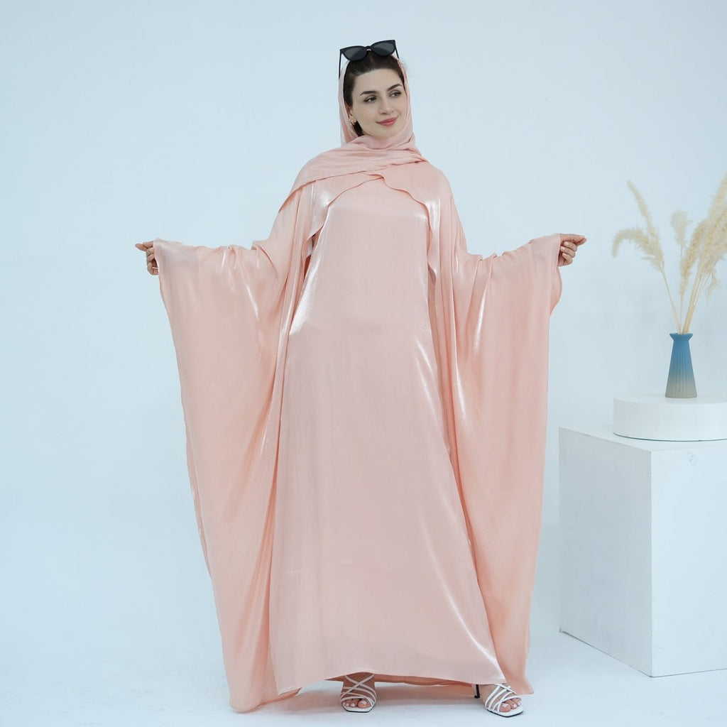 Elegant Shimmer Batwing Abaya Set with Hijab | Two-Piece Pullover Style Layered Look(MA315)