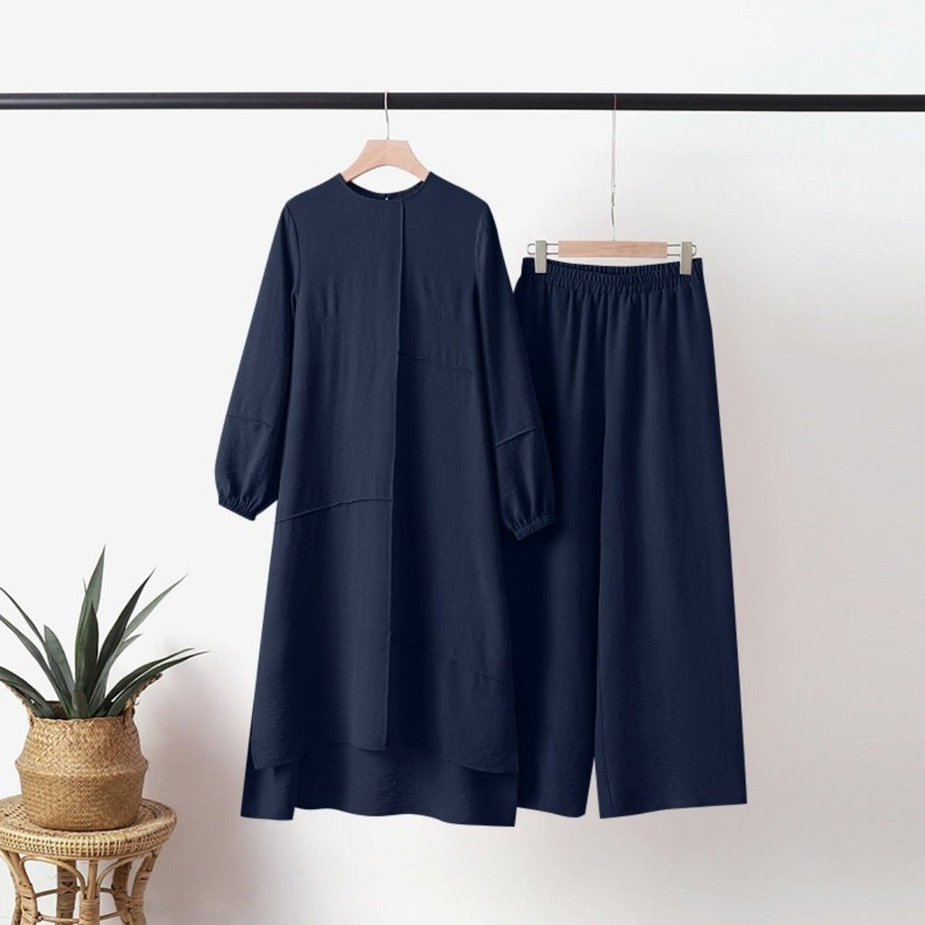 Elegant Sportswear Two-Piece Set | Modest Muslim Athleisure Bubble Sleeve Top & Wide Leg Pants (MS101)