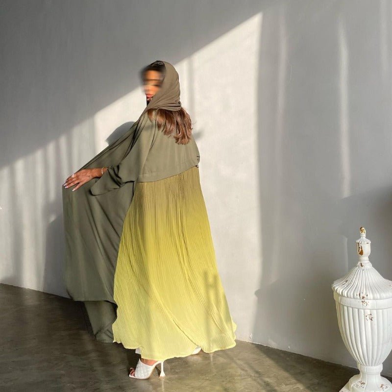Elegant Gradient Pleated Abaya Robe | Modest Muslim Chiffon Maxi Dress (MOA223)
