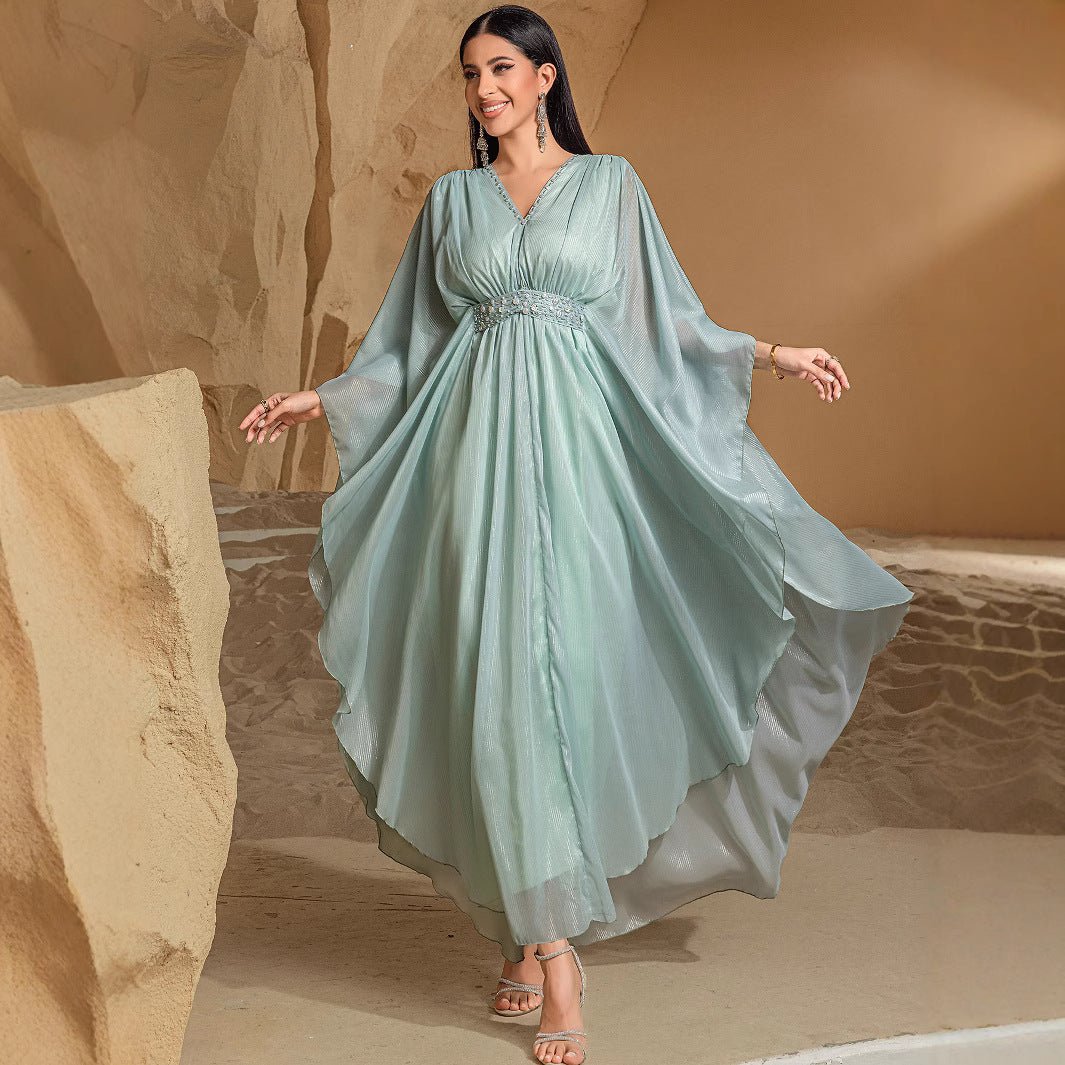 Elegant V-Neck Luxury Hand-Sewn Bead Embellished Travel & Party Abaya Robe Dress (MA188)