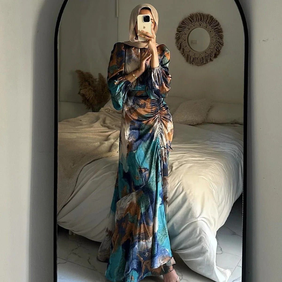 Exotic Print Pleated Bell Sleeve Abaya (MA166)