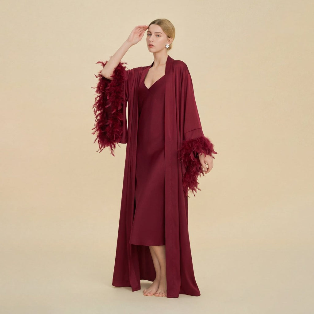 Feather-Trimmed Kimono Robe Abaya (MOA293)