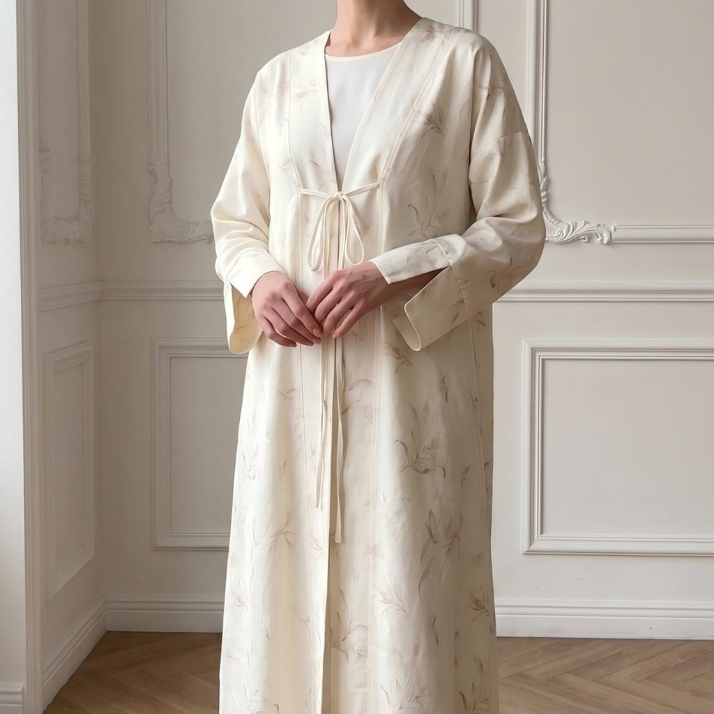 Floral Bird Print Satin Open Abaya(MOA322)