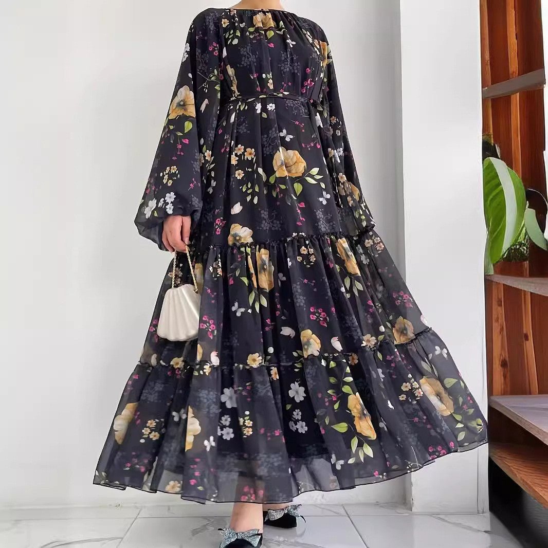 Floral Chiffon Dress with Tiered Ruffle Skirt(MA401)