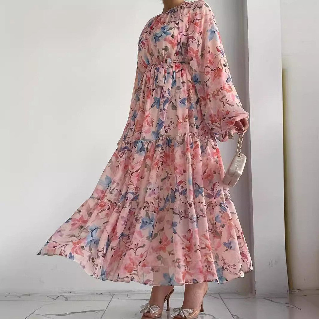 Floral Chiffon Dress with Tiered Ruffle Skirt(MA401)