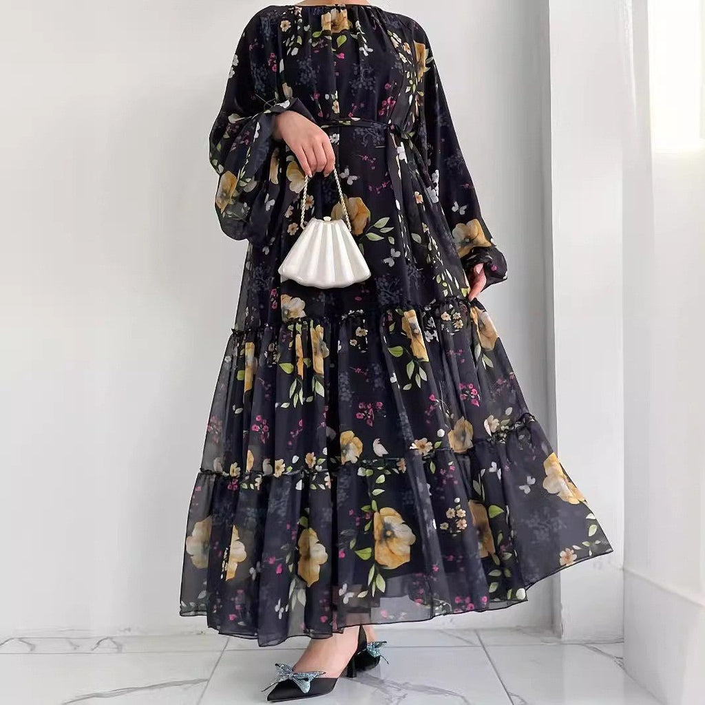Floral Chiffon Dress with Tiered Ruffle Skirt(MA401)