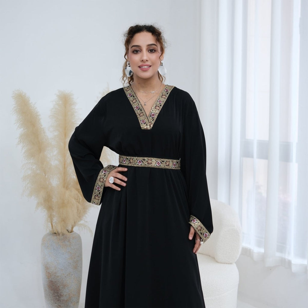 Floral Embroidered V-Neck Nida Maxi Dress(MA448)