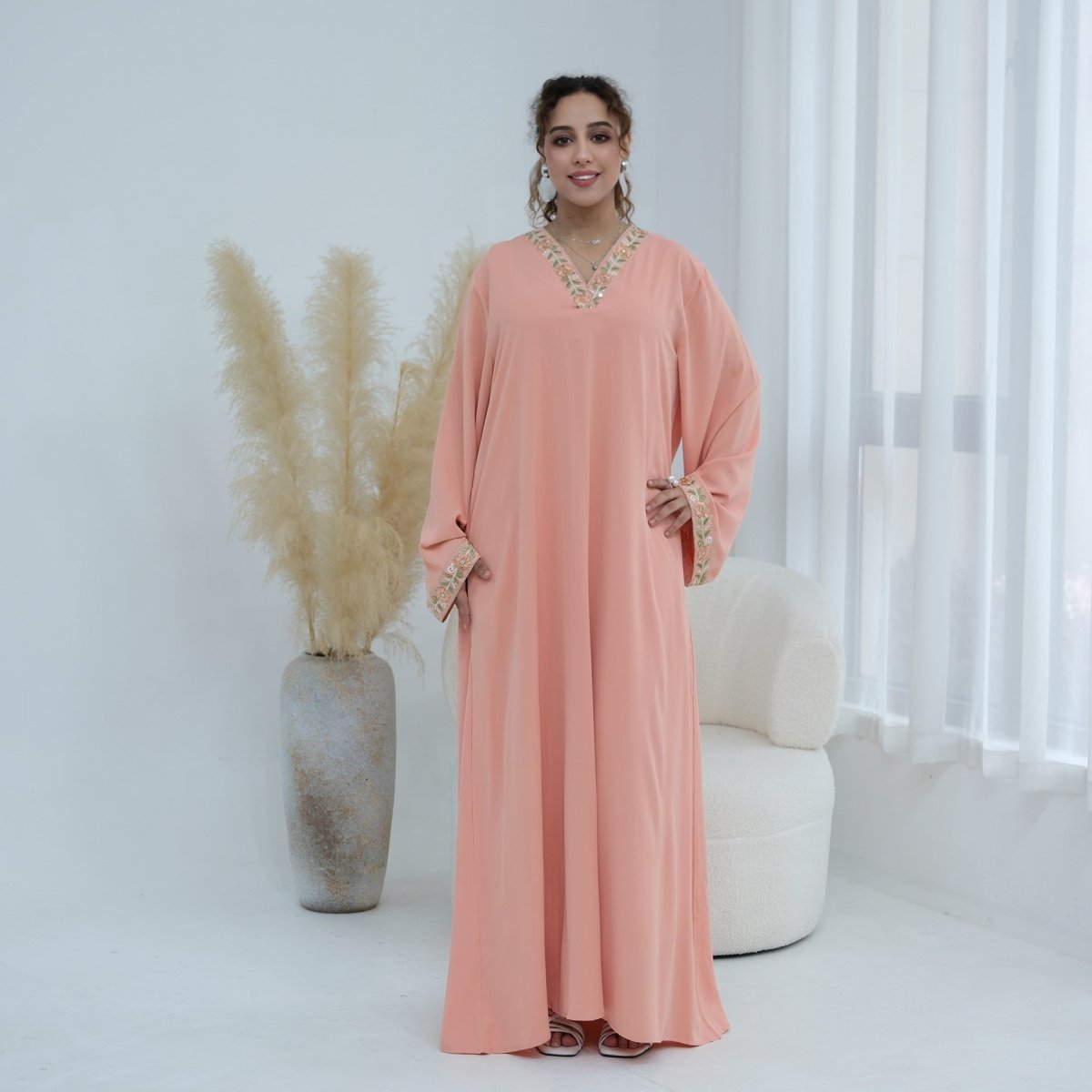 Floral Embroidered V-Neck Nida Maxi Dress(MA448)