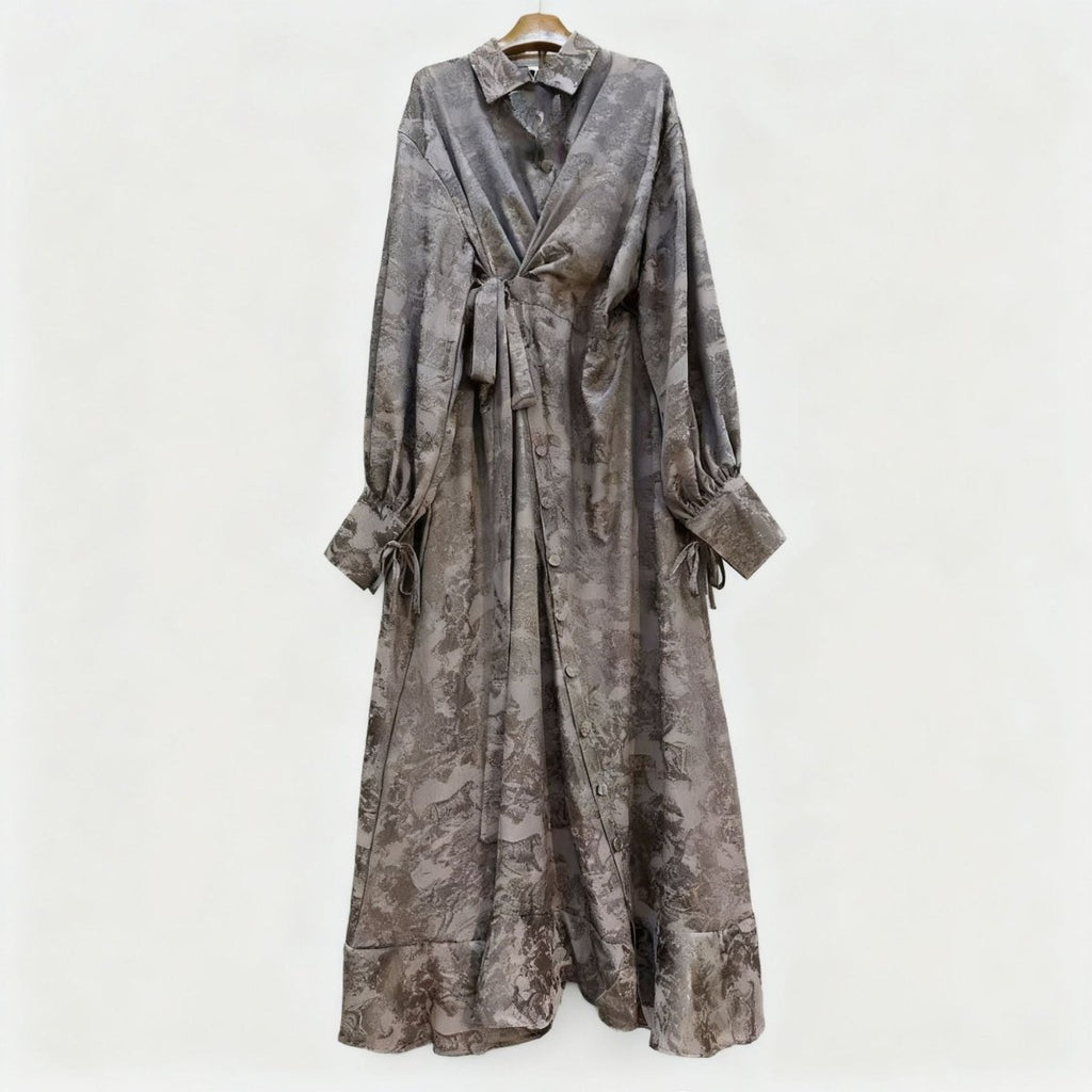 Floral Jacquard Wrap Dress | Collared Tie-Sleeve Maxi Dress(MS257)