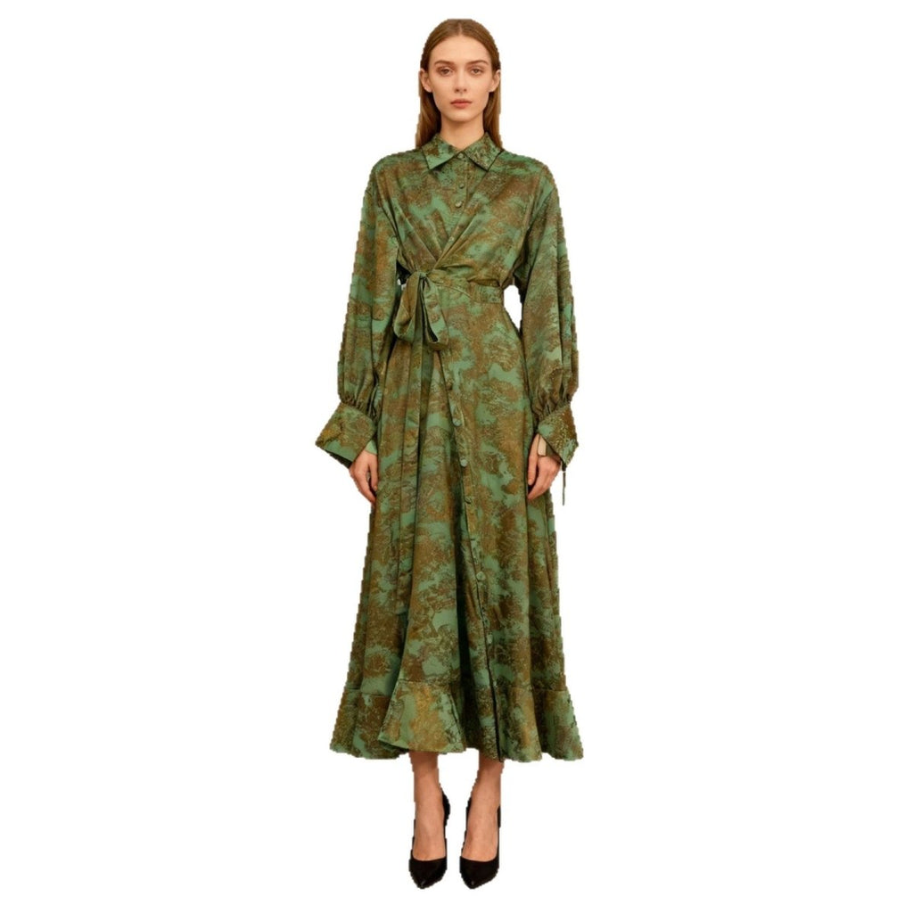 Floral Jacquard Wrap Dress | Collared Tie-Sleeve Maxi Dress(MS257)