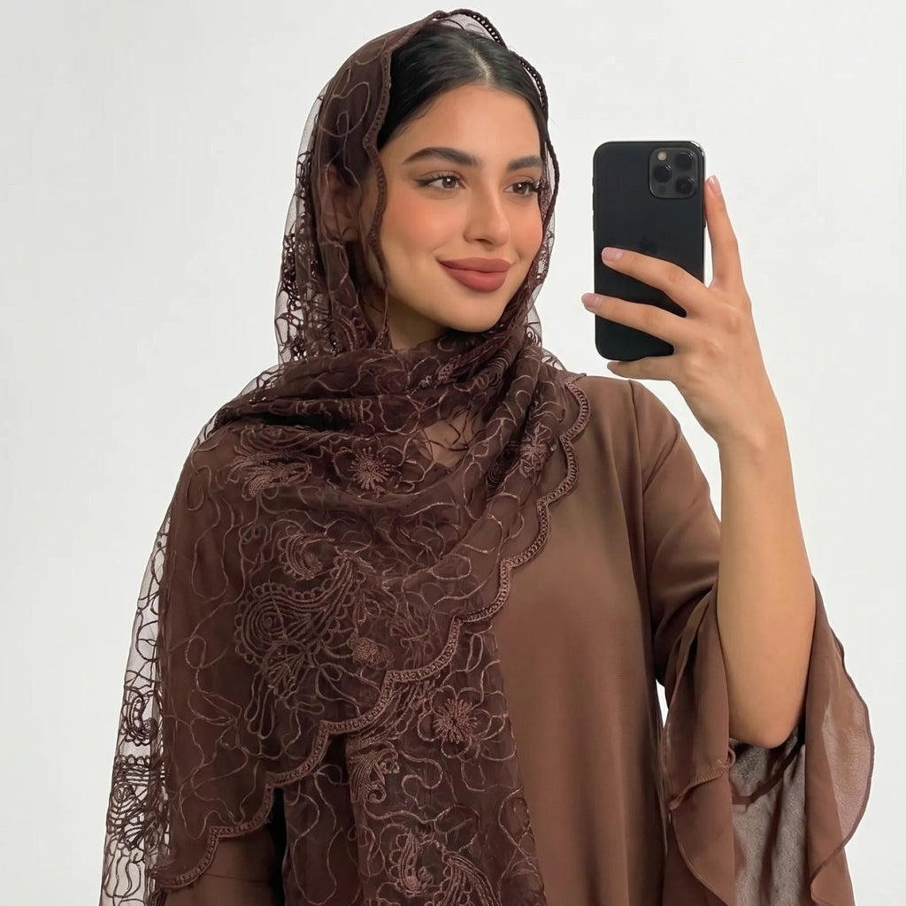Floral Lace Embroidered Mesh Hijab(MH235)