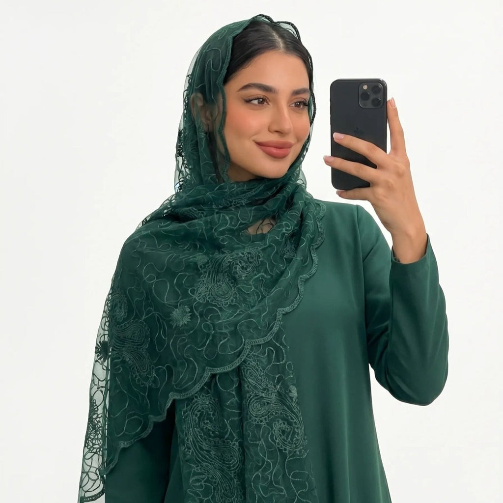 Floral Lace Embroidered Mesh Hijab(MH235)