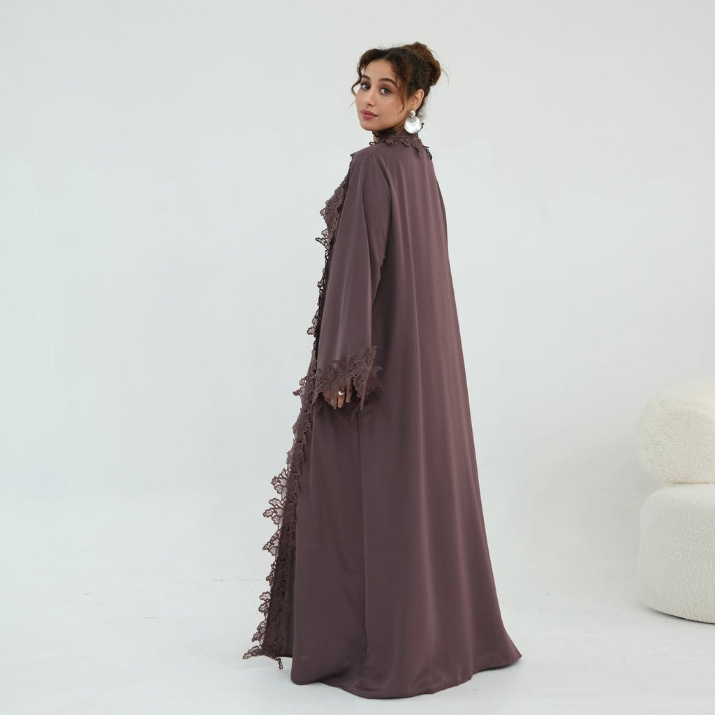 Floral Lace Trim Open Abaya & Sleeveless Inner Dress Set(MOA312)