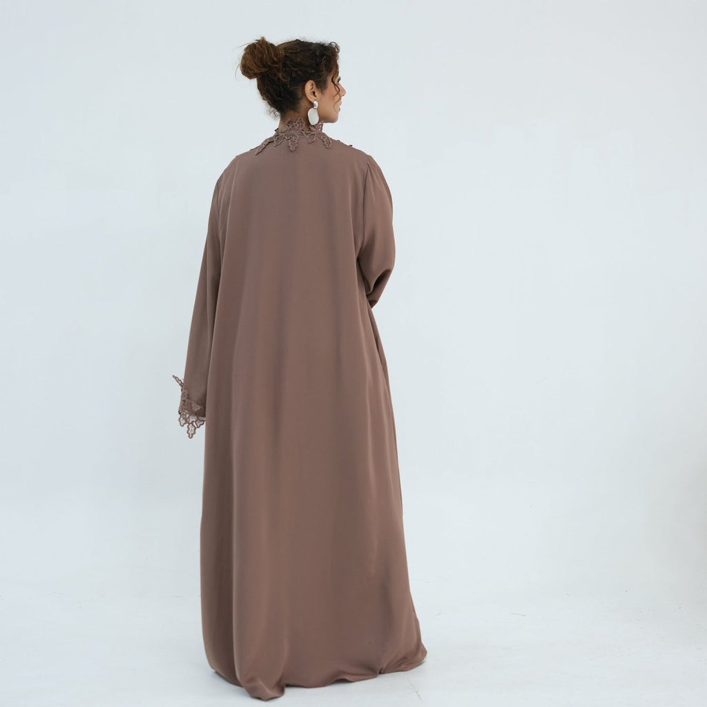 Floral Lace Trim Open Abaya & Sleeveless Inner Dress Set(MOA312)