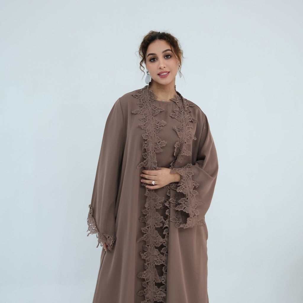 Floral Lace Trim Open Abaya & Sleeveless Inner Dress Set(MOA312)
