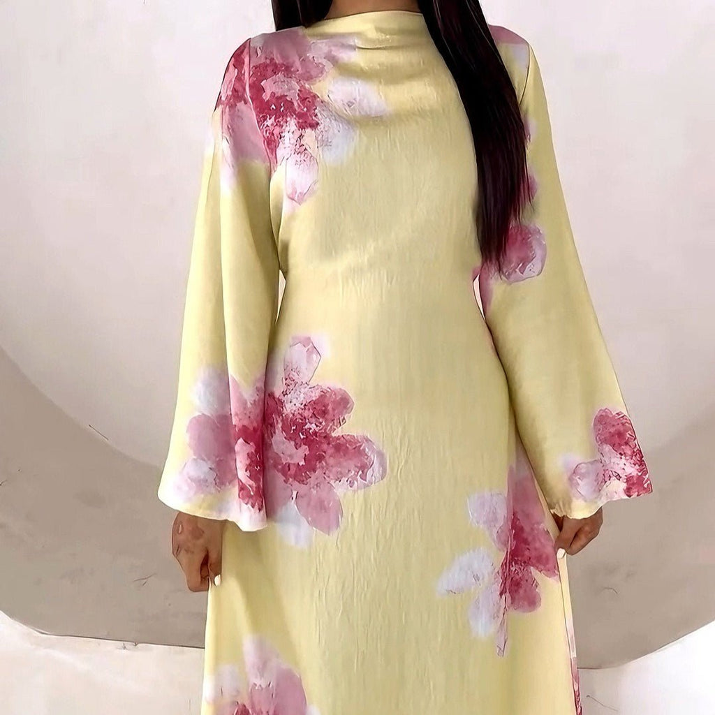 Floral Print Bell Sleeve Maxi Dress Abaya (MA214)
