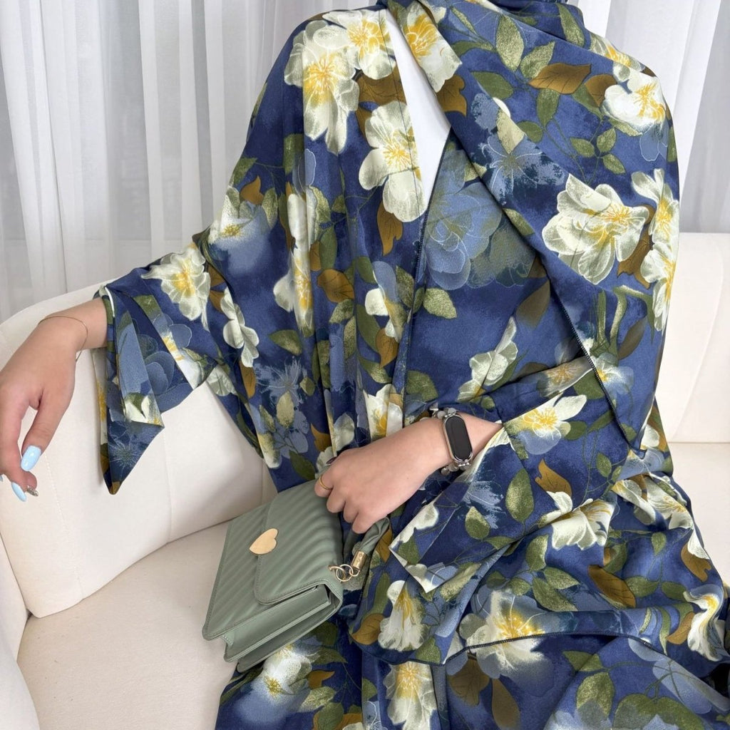 Floral Print Butterfly Sleeve Abaya Set | Resort Style Open-Front Cardigan(MOA256)