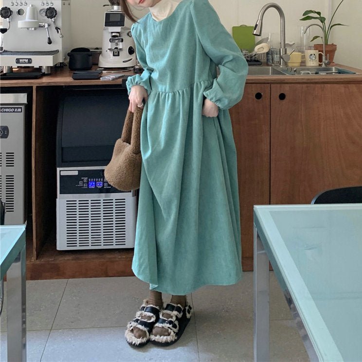 French Corduroy Lantern Sleeve Maxi Dress | Elastic Cuff Gathered Dress(MS206)