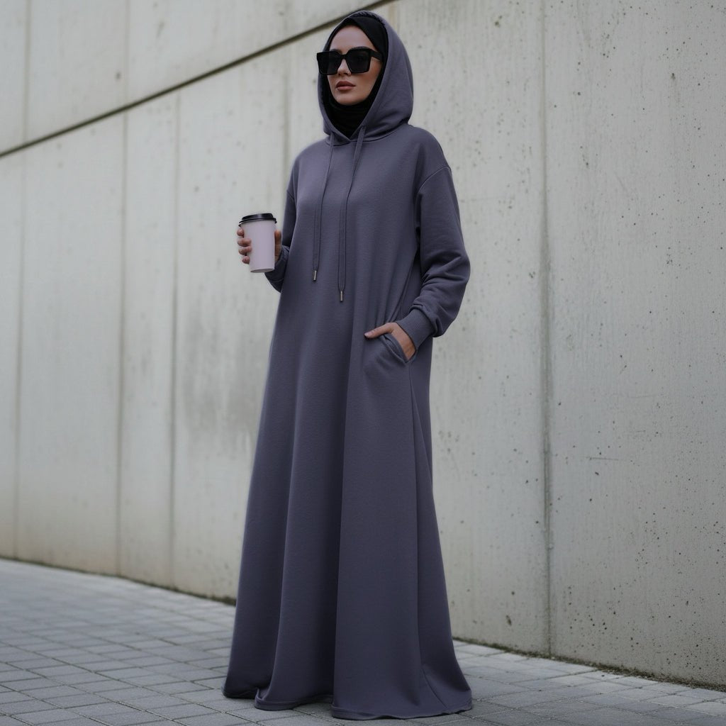 French Terry Hoodie Abaya With Pockets  (MA340)