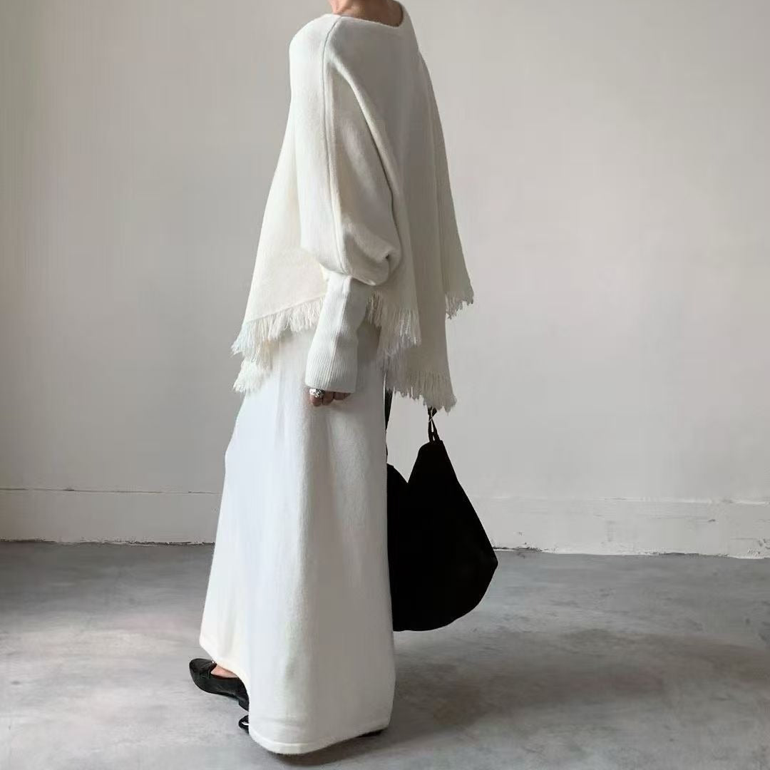 Fringed Knit Set With Batwing Sleeve Sweater And Midi Skirt (MS172)