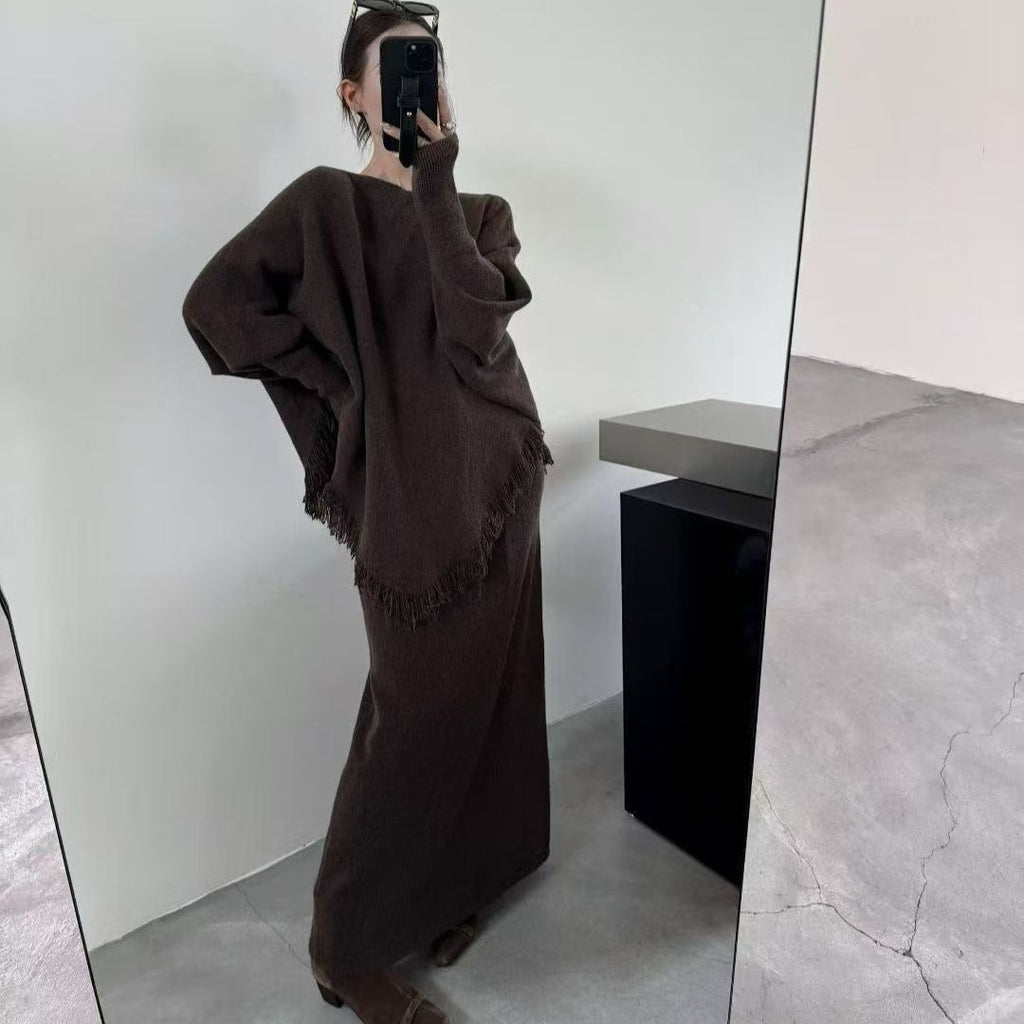 Fringed Knit Set With Batwing Sleeve Sweater And Midi Skirt (MS172)