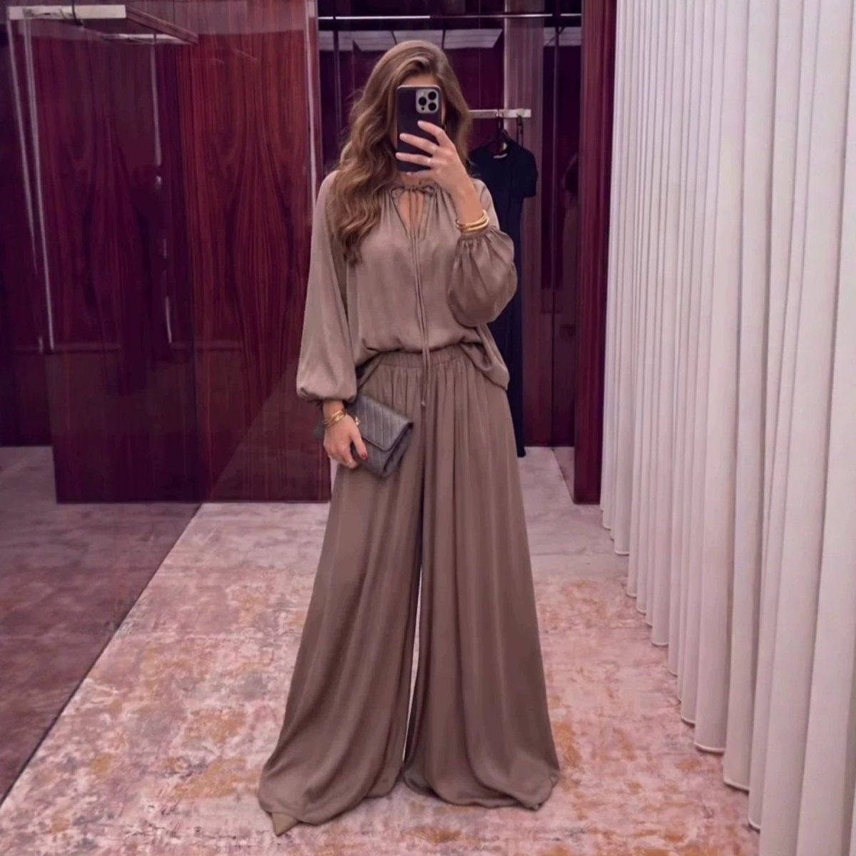Gathered Neck Self-Tie Satin-Finish Top & Wide-Leg Trouser Set(MS465)