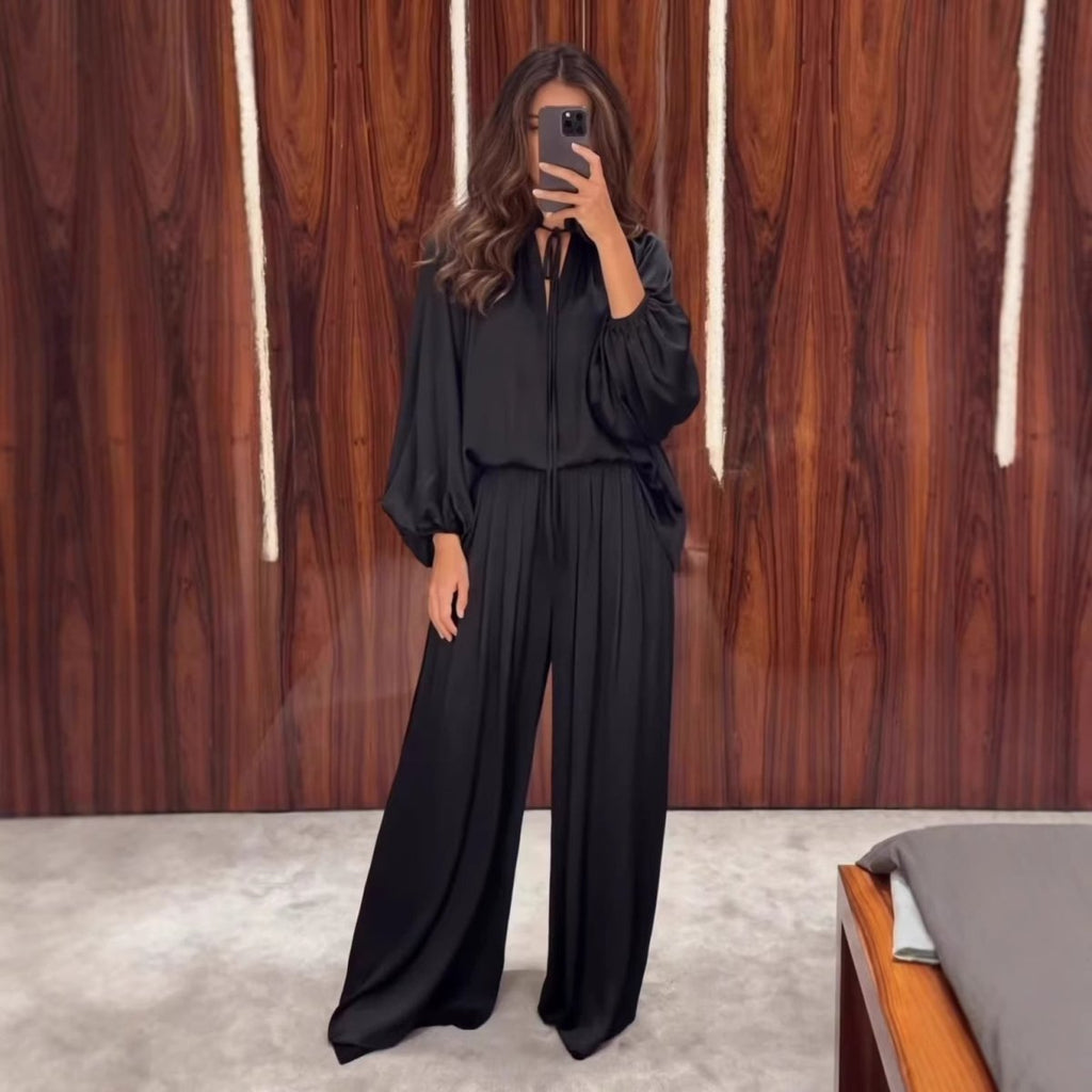 Gathered Neck Self-Tie Satin-Finish Top & Wide-Leg Trouser Set(MS465)