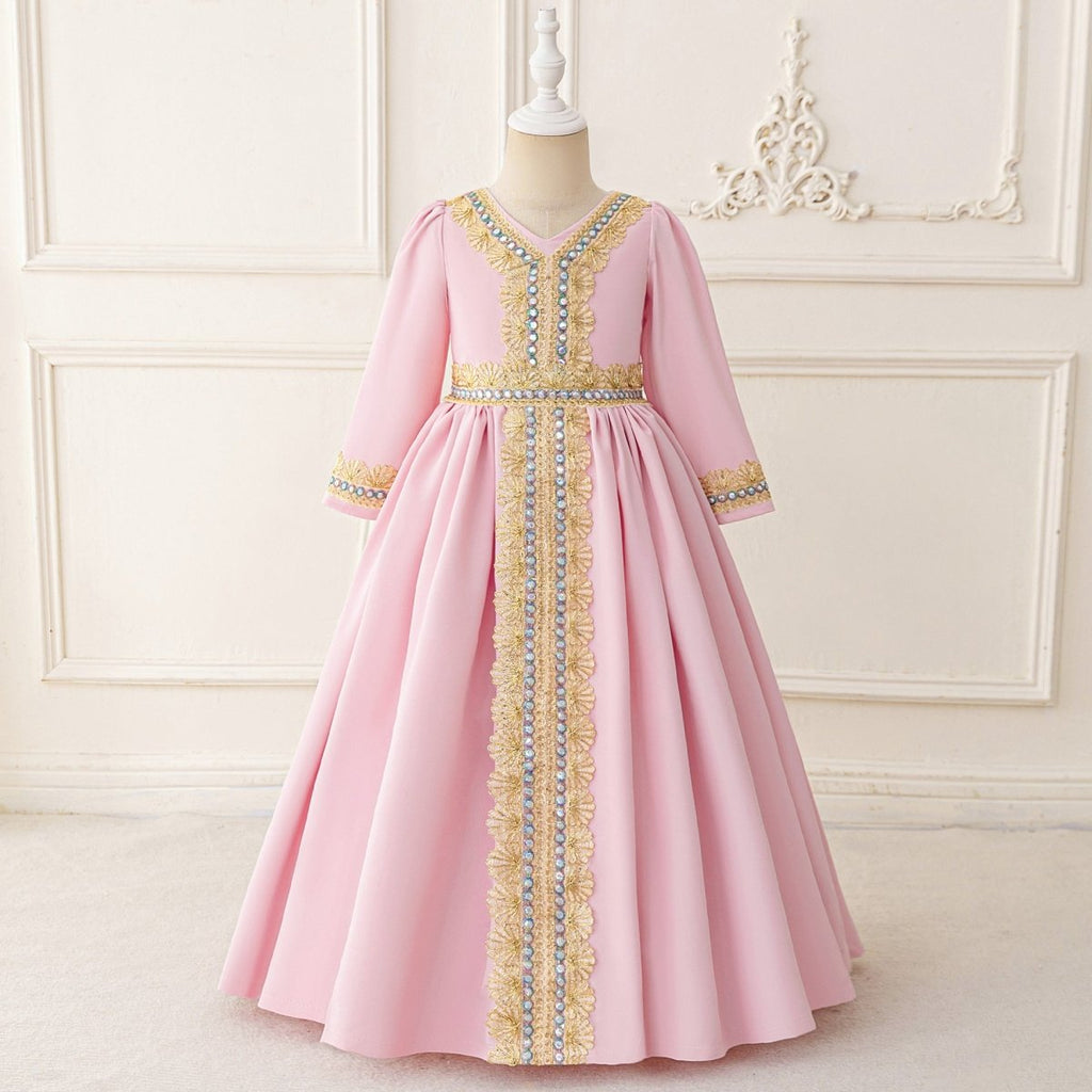 Girls Embroidered Kaftan Dress with Jeweled Belt(MKG021)