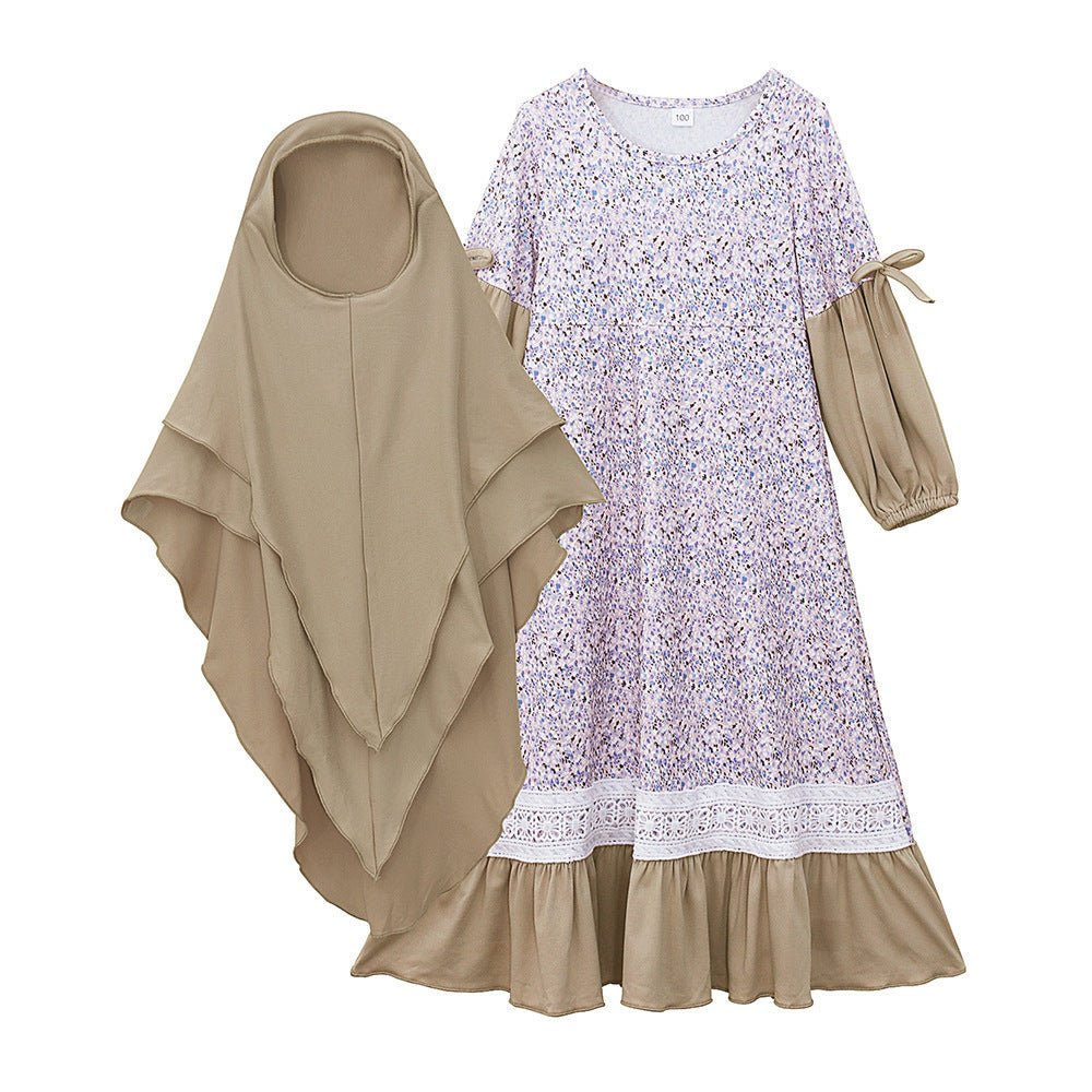Girls Patchwork Floral Kid Abaya 2-Piece Set(MKG012)