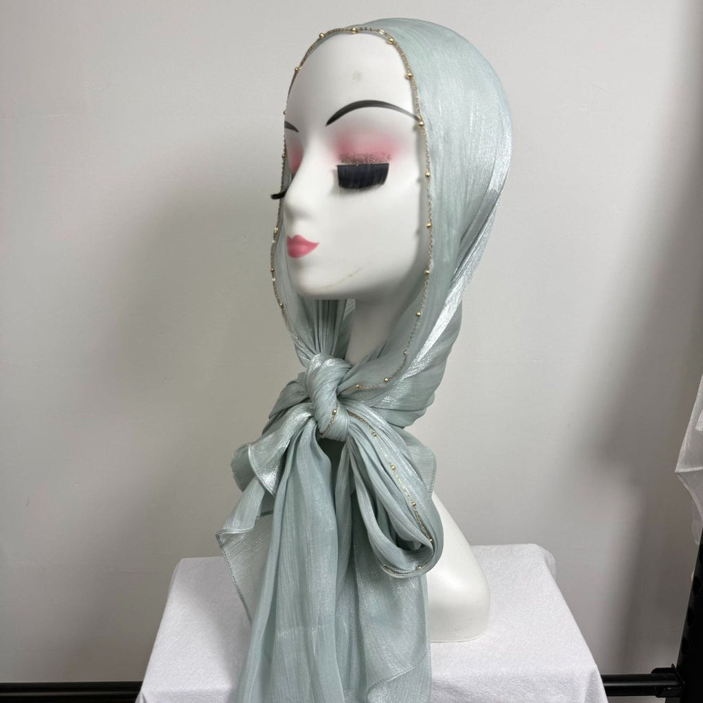 Gold Chain Beaded Edge Crinkle Satin Hijab(MH238)