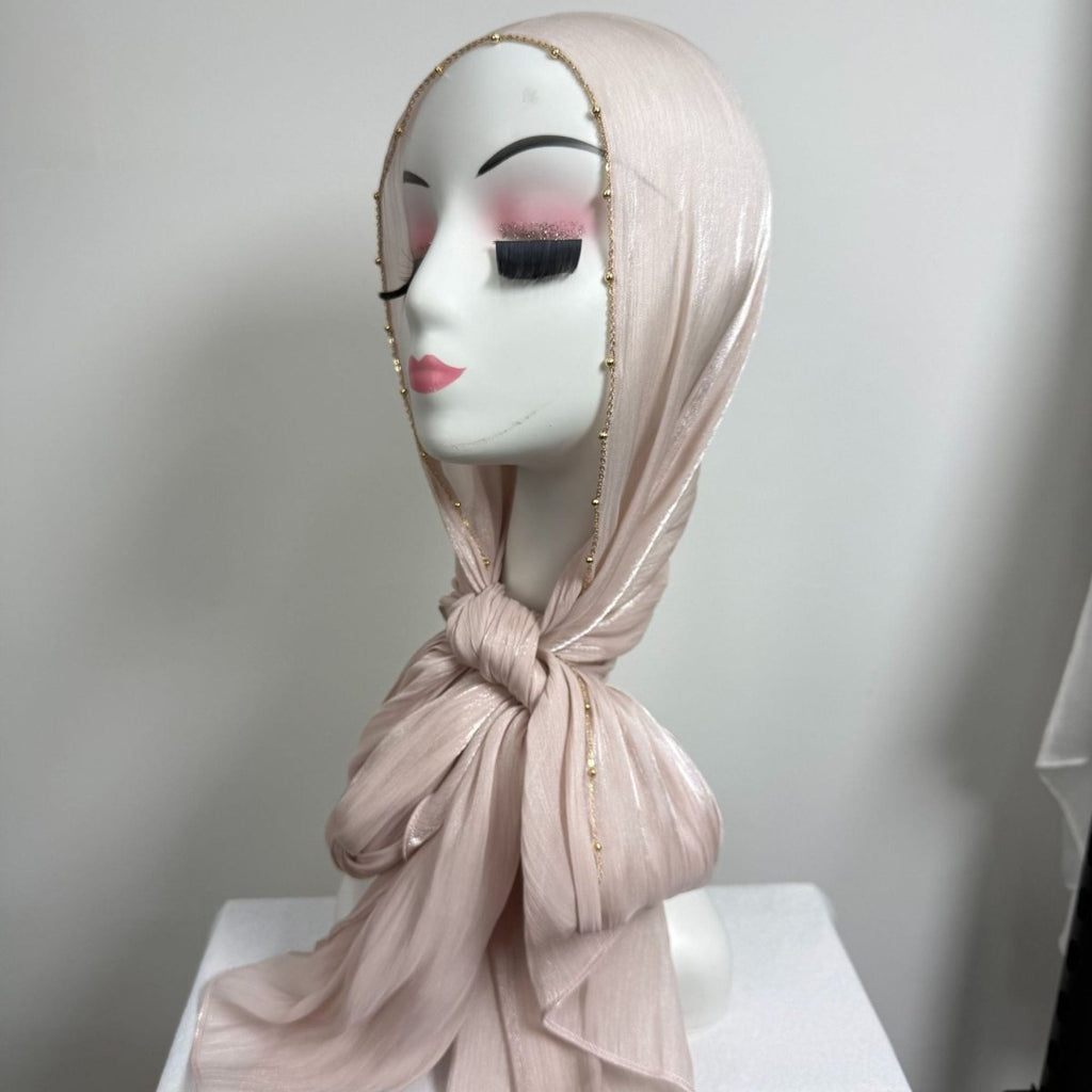 Gold Chain Beaded Edge Crinkle Satin Hijab(MH238)