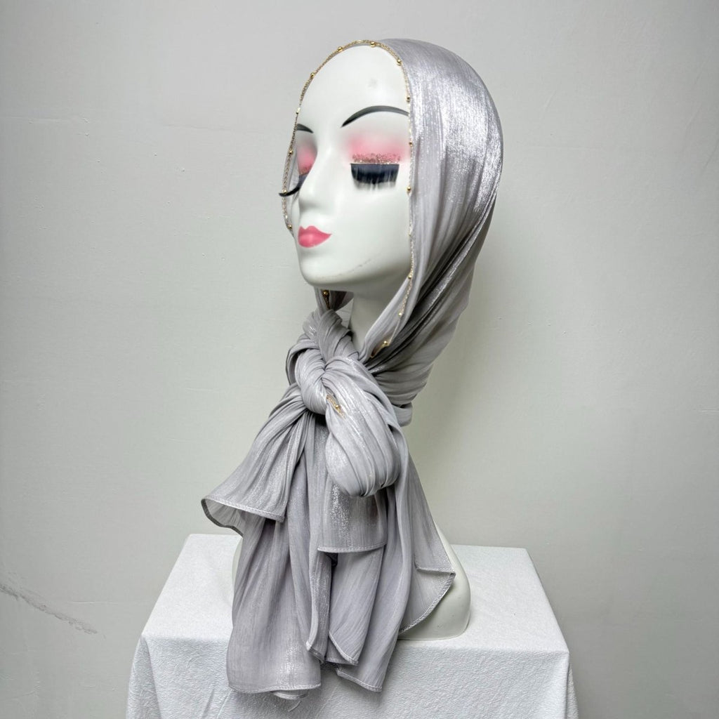 Gold Chain Beaded Edge Crinkle Satin Hijab(MH238)