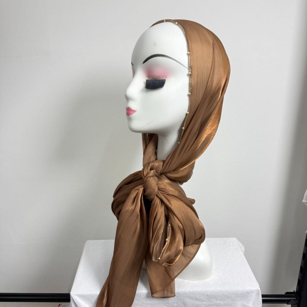 Gold Chain Beaded Edge Crinkle Satin Hijab(MH238)