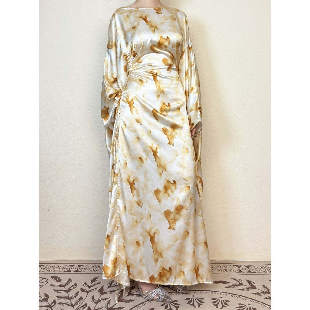 Golden Marble Print Satin Dress | Bell Sleeve Maxi with Adjustable Drawstring Waist (MA244)