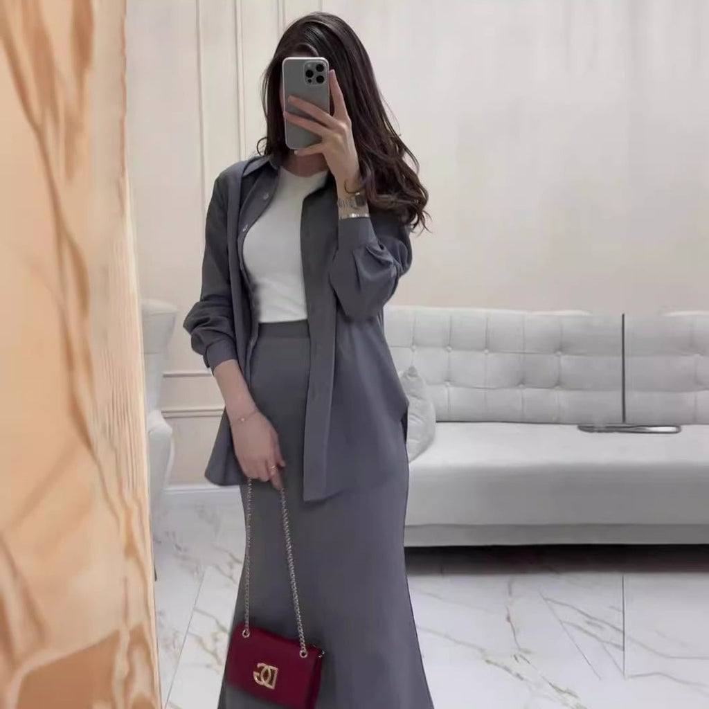 Grey Loose Long Sleeve Shirt & Elastic Waist Fish Tail Skirt Outfit Casual Two-Piece Set(MA207)