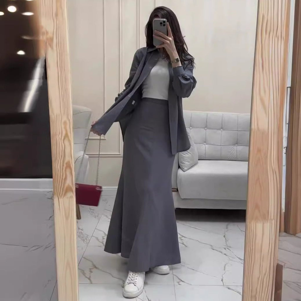 Grey Loose Long Sleeve Shirt & Elastic Waist Fish Tail Skirt Outfit Casual Two-Piece Set(MA207)