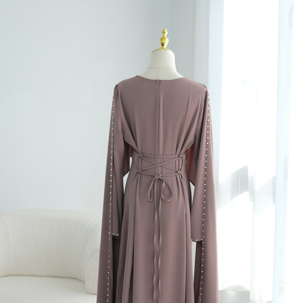 Hand-Beaded Pearl Cape Sleeve Nida Maxi Dress(MS439)