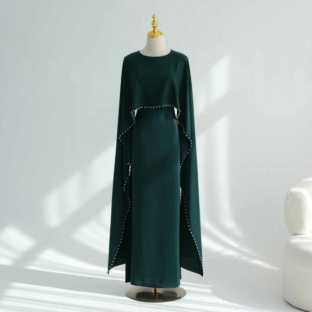 Hand-Beaded Pearl Cape Sleeve Nida Maxi Dress(MS439)
