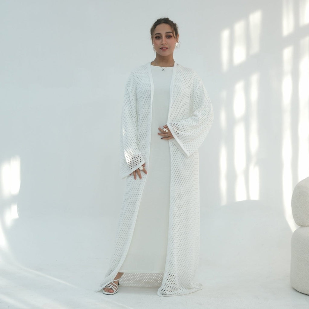 Hollow-Out Knit Open Abaya Cardigan with Waist Belt(MOA315)