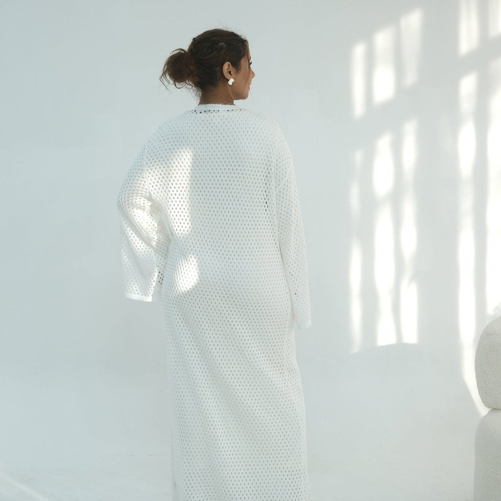 Hollow-Out Knit Open Abaya Cardigan with Waist Belt(MOA315)