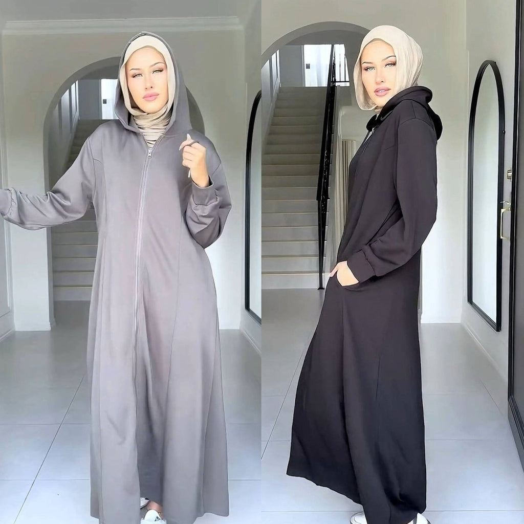 Hooded Zip-Front Abaya with Pockets (MA389)