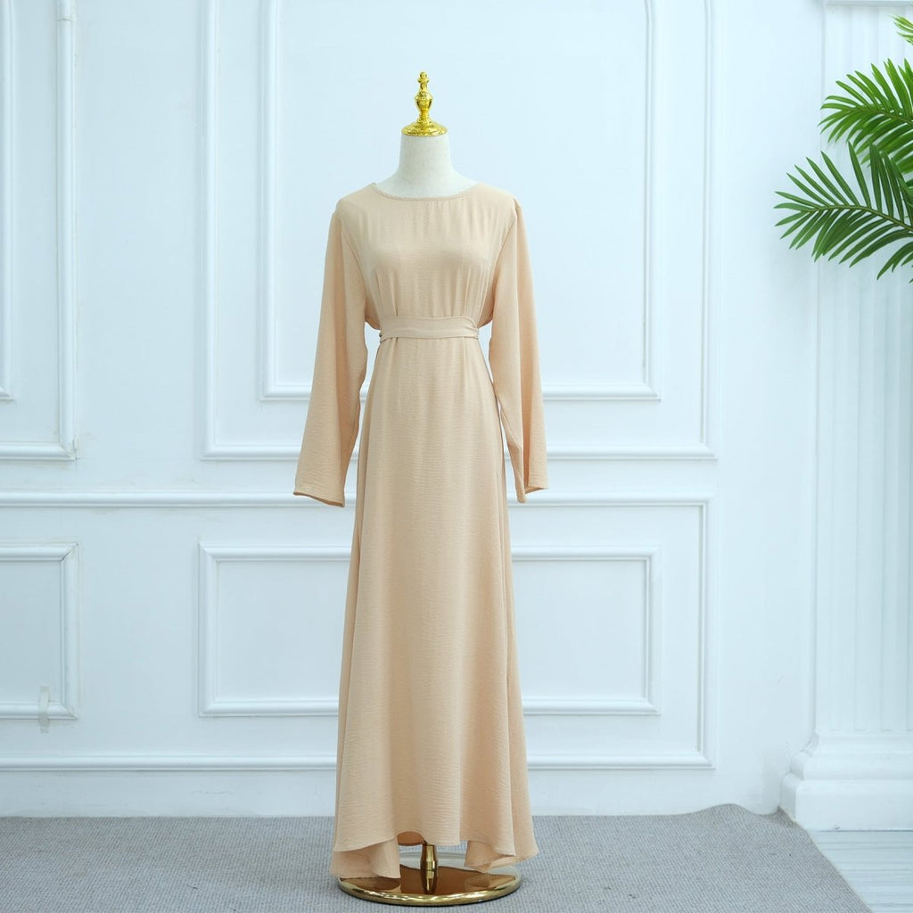 Ice Silk Crinkle Cape Set | 3-Piece Solid Color Abaya with Inner Dress & Belt(MA304)