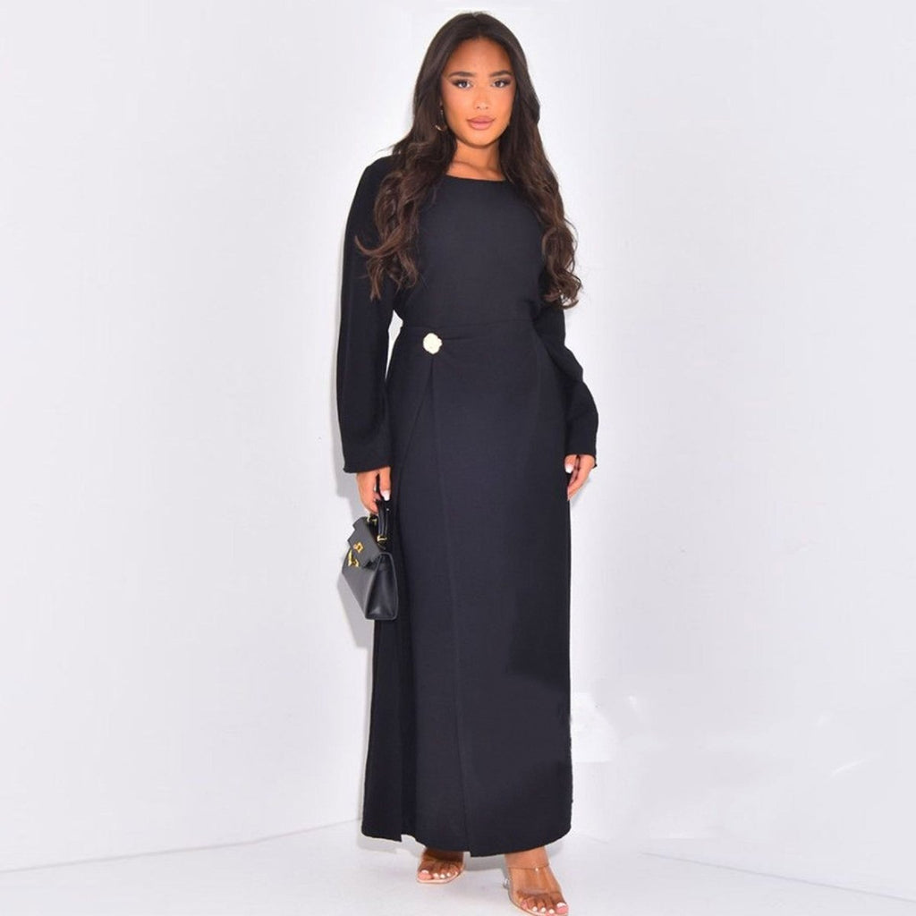 Ice Silk Crinkle Round Neck A-Line Work Dress with Decorative Button & Built-in Belt(MA308)